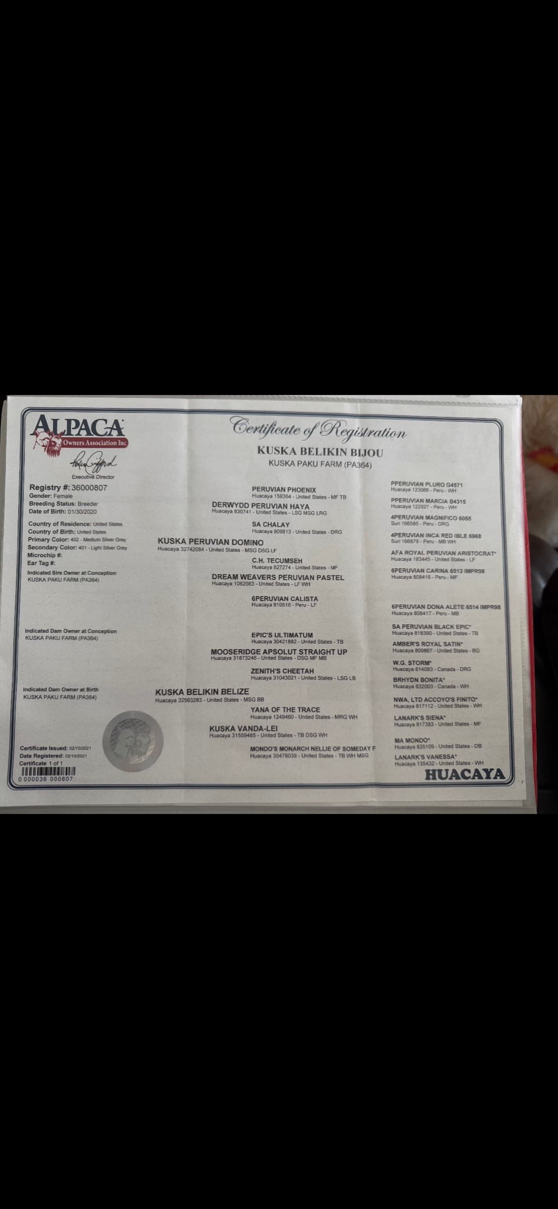 Bijou ARI registration certificate