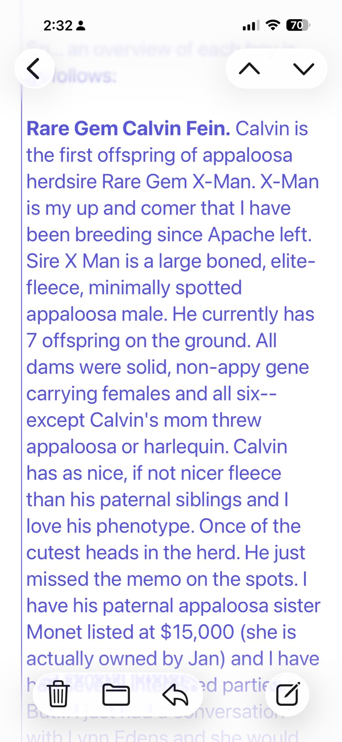 Breeder's notes about Calvin from Rare Gem Alpacas