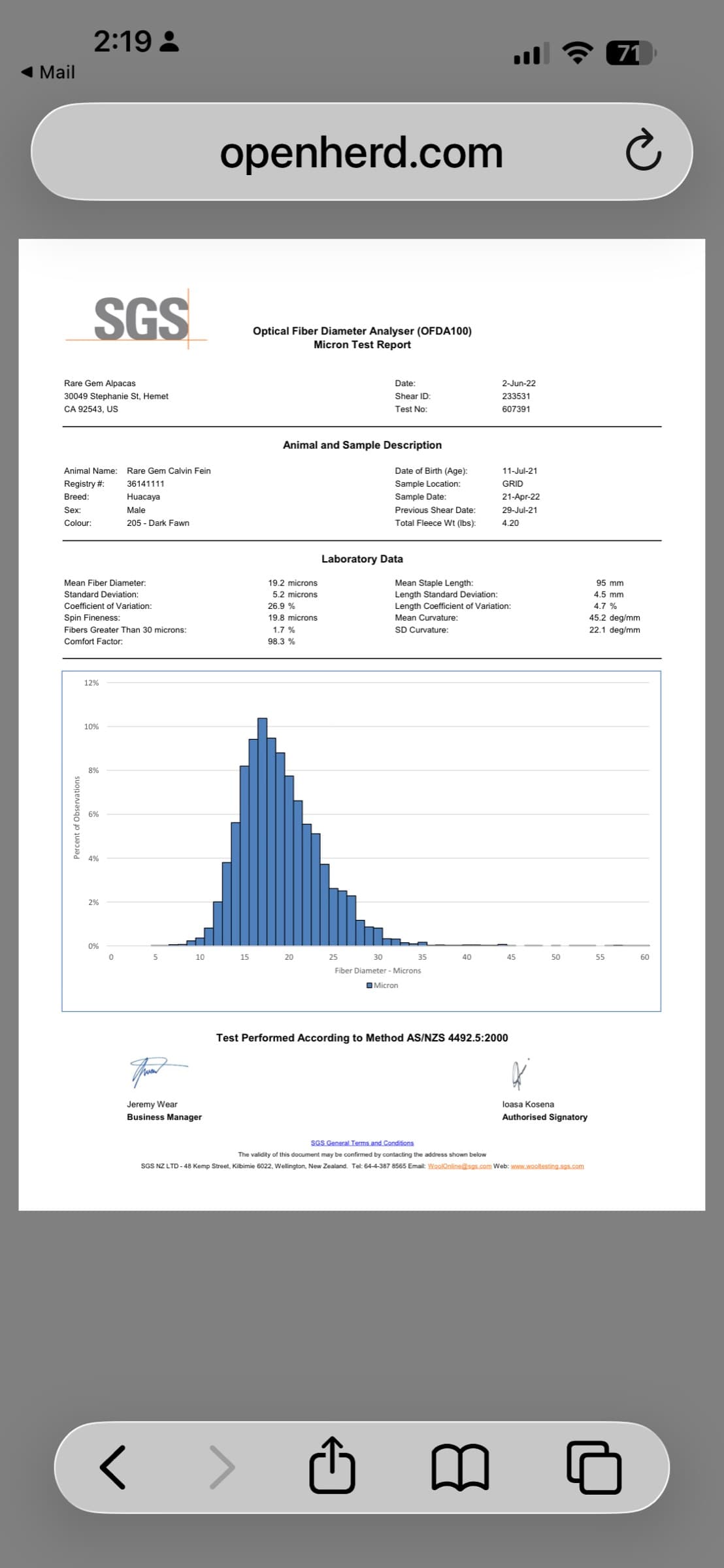 SGS OFDA100 fiber test report for Calvin